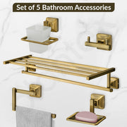 Plantex 304 Grade Stainless Steel Bathroom Accessories Set of 5 - Towel Stand/Napkin Ring/Soap Dish/Toothbrush Holder/Robe Hanger - Squaro (Brass Antique)