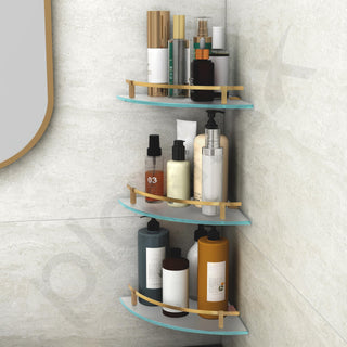 Plantex Premium Frosted Glass Corner Shelf for Bathroom/Glass Shelf/Storage Shelf - (12x12 in,Brass Antique-Pack of 3)