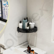 Plantex Drill Free Corner Shelf for Bathroom Wall/Self Adhesive Bathroom Shelf Corner/Aluminum Wall Mount Side Corner Shelf Organizer/Shelf for Kitchen with Removable Hooks-9x9 inch Matt Black