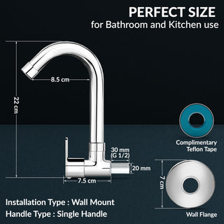 Plantex Single Lever Kitchen Sink Tap with Water Saving Aerator and Brass Spindle Tap/Quarter Turn Sink tap for Kitchen Basin with Wall Flange and Teflon Tape (Saga-Chrome)