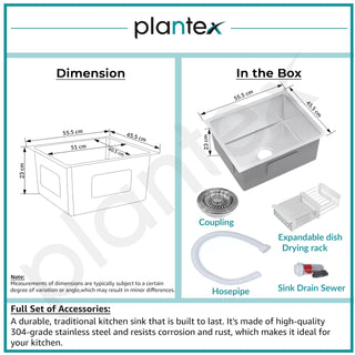 Plantex Guranteed Stainless Steel 304 Grade Kitchen Sink/Handmade Sink for Kitchen with 7 Years of Warranty by Plantex/Single Bowl Sink with All Fittings & Drying Rack (Silver Matt-22x18 Inches)