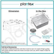 Plantex Guranteed Stainless Steel 304 Grade Kitchen Sink/Handmade Sink for Kitchen with 7 Years of Warranty by Plantex/Single Bowl Sink with All Fittings & Drying Rack (Silver Matt-22x18 Inches)