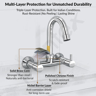 Plantex Pure Brass Sink Mixer Tap Hot and Cold with 360°Swivel Spout/Mixer Tap for Kitchen Sink with Brass Wall Flange and Teflon Tape/Kitchen Sink Tap-(Mirror-Chrome Finish)
