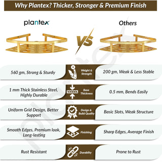 Plantex 304 Stainless Steel Corner/Bathroom Shelf/Kitchen Shelf/Wall Mount - Pack of 2 (PVD Gold,9x9 Inches)