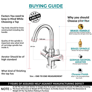 Plantex Pure Brass Basin Mixer with 360° Swivel Spout double handle with Teflon Tape/Hot & cold basin mixer tap/Basin Tap -(ICO-909-Mirror Chrome)