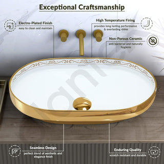 Plantex Ceramic Wash Basin/Designer Hand Wash Sink for Bathroom/Oval Tabletop Washbasin/Countertop Vessel Sink for Home/Office (24x16x5 inch - Gold & White)