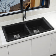 Plantex Matt Kitchen Sink/UV Protected Quartz Sink for Kitchen/Double Bowl Sink with Coupling and Hose Pipe (Charcoal Black - 37x18inch)