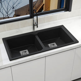 Plantex Kitchen Sink/UV Protected Quartz Sink for Kitchen/Double Bowl Sink with Coupling and Hose Pipe (Charcoal Black - 37x18inch)