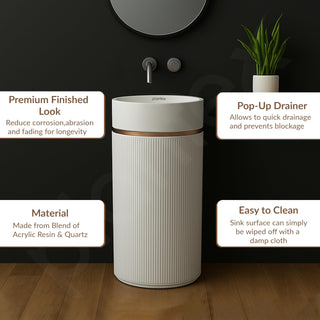 Plantex Pedestal Wash Basin/Acrylic Resin & Quartz Free Standing Wash Basin/Round Basin for Bathroom/Home/Office/Restaurant - (1056, White)