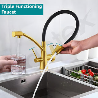 Plantex Pure Brass Kitchen Taps for Home Sink/3-in-1 Sink Mixer Tap with Built-in RO Outlet/360° Swivel Spout with Pull Down Kitchen Faucet-(Gold & Black)