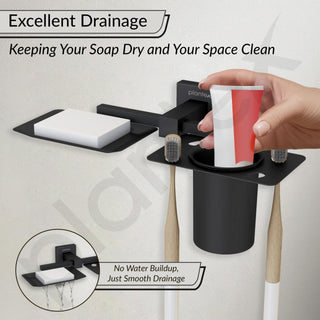 Plantex Soap Dish with Tumbler Holder/Soap Stand/Stainless Steel Soap Case with Toothbrush Holder/Bathroom Accessories - Aqua (Black)
