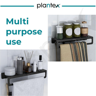 Plantex No Drill Bathroom Organiser/Self Adhesive Wall Mount Multipurpose Shelf/Rack/Towel Rod/Hooks for Bathroom - Pack of 1 (15 x 5 Inch, Black)