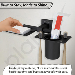 Plantex Soap Dish with Tumbler Holder/Soap Stand/Stainless Steel Soap Case with Toothbrush Holder/Bathroom Accessories - Aqua (Black)