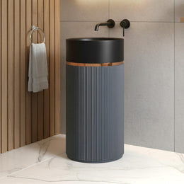 Plantex Matt Pedestal Wash Basin/Acrylic Resin & Quartz Free Standing Wash Basin/Round Basin For Bathroom/Home/Hotel/Restaurant- (Black And Grey, 16 X 16 X 34 Inch)