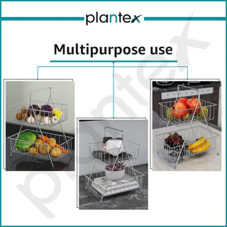 Plantex High Grade Steel 2-Tier Fruit & Vegetable Basket For Dining Table/Kitchen (Chrome), Countertop, Tiered Shelf
