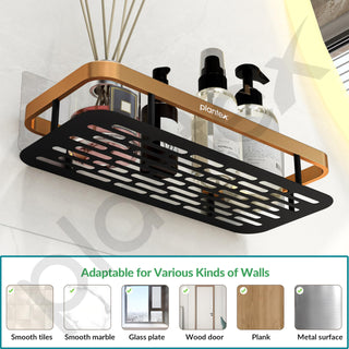 Plantex Drill Free Aluminium Bathroom Shelf/Self Adhesive Shelf for Kitchen with Golden Railing & Magic Stickers/Floating Storage Organiser (12x5 inches, Gold & Black) - Pack of 1