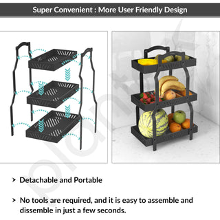 Plantex GI-Steel 3 Tier Shelf/Multipurpose Rack/Storage Rack for Kitchen/Fruit & Vegetable Basket for Kitchen - Pack of 1, (Black)