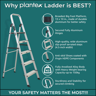 Plantex Big Foot 5 Step Foldable Aluminium Ladder/Step Ladder for Home Use with Wide Anti-Slip Steps and Secured Joints/5-Year Manufacturer Warranty(Black & Silver)