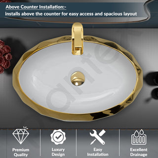Plantex Wash Basin/Ceramic Table Top Wash Basin/Designer Countertop Basin for Bathroom/Restaurants/Hotel – Oval (White & Gold - 23 x 16 x 5 Inch)