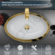 Plantex Wash Basin/Ceramic Table Top Wash Basin/Designer Countertop Basin for Bathroom/Restaurants/Hotel â€“ Oval (White & Gold - 23 x 16 x 5 Inch)