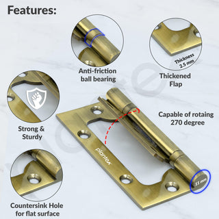 Plantex Stainless Steel Butterfly Hinges for Door Hinges/Non-Mortise Hinge/4 Inch x 14 Gauge Door Hinge/2.5 mm Hinges for Home/Office/Hotel - Pack of 3 (Brass Antique)