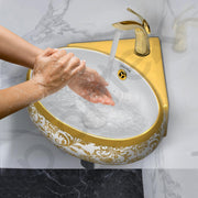 Plantex Ceramic Wash Basin/Corner Basin for Bathroom/Round Designer Tabletop Basin/Vessel Sink for Home/Office (14x14x6 inch - Gold & White)