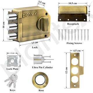 Plantex Tri-Bolt Lock for Main Door/Heavy Duty Door Lock with 4 Keys/Suitable on Single Door for Home/Office/Hotel - Pack of 1 (Brass Antique)