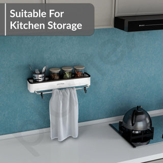 Plantex 3in1 Multipurpose Shelf/ABS Plastic White Floating Shelf with Towel Rod and Hooks for Bathroom/Kitchen/Wall-Mount Shelf for Bathroom/Storage Shelf (16 x 4 Inches)