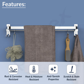 Plantex Anti Rust 304 Grade Stainless Steel Folding Single Towel Rod with Hooks/Towel Holder for Bathroom/Towel Bar/Hanger/Bathroom Accessories - Pack of 2 (24 Inch-Chrome)