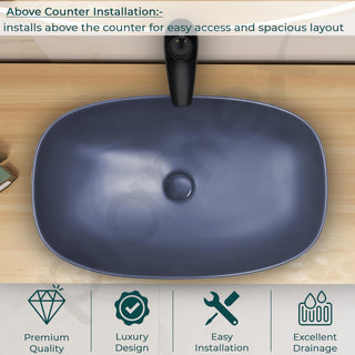 Plantex Basin for Bathroom/Ceramic Table Top Wash Basin/Over Counter Washbasin for Restaurant/Hotel (Matt Blue - 23 x 15 x 5.5 Inch)