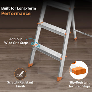 Plantex Legend Aluminium Folding 7 Step Ladder for Home - 7 Step Anti Skid Ladder/Wide Step Ladder (Orange-Silver)