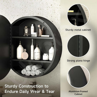 Plantex Aluminium Framed Round LED Bathroom Shelf for Wall with Mirror/Heavy-Duty Steel Body Bathroom Cabinet with Defogger and Bluetooth- 24x24 Inch, Black