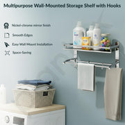 Plantex Stainless Steel Bathroom Shelf/Bathroom Stand for Wall/Bathroom Racks and Shelves with Hooks & Towel Holder/Bathroom Organiser with Drill (2-Tier, Chrome, Polished)