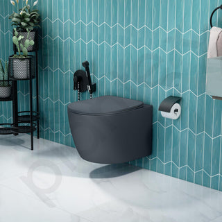 Plantex Imported Ceramic Wall Hung Commode/Rimless Washdown Flush Western Toilet/Commode with Soft Closing Toilet Seat - P Trap (Round - Matt Grey)