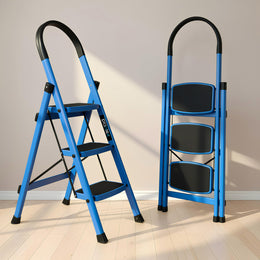 Plantex Premium 3 Steps Steel Ladder | Wide Anti-Skid Step Ladder | Easy to Fold | 5 Year Manufacturer Warranty(3-Step,Blue & Black)