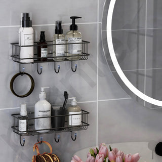 Plantex Bathroom Organizer Without Drill/GI Steel Self Adhesive Bathroom Shelf for Wall with Magic Stickers/Adhesive Shelf for Kitchen with Hooks & Magic Sticker - GI Steel (Pack of 2)