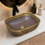 Plantex Designer Ceramic Basin/Table Top Wash Basin for Bathroom/Countertop Vessel Sink - Indo-European Collection (EQTT-466, Gold & Brown)