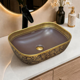 Plantex Designer Ceramic Basin/Table Top Wash Basin for Bathroom/Countertop Vessel Sink - Indo-European Collection (EQTT-466, Gold & Brown)