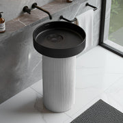 Plantex Acrylic Resin & Qaurtz Pedestal Basin for Bathroom/One Piece Pedestal Free Standing Round Wash Basin for living Room/Hotel (Black & White)