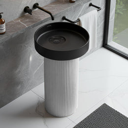 Plantex Acrylic Resin & Qaurtz Pedestal Basin for Bathroom/One Piece Pedestal Free Standing Round Wash Basin for living Room/Hotel (Black & White)