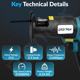 Plantex Curve Saw/12.7mm Cutting Stroke/Variable Speed 0-1600/2700r/min/High-Performance Reciprocating Saw for Wood & Metal Cutting - Black (Mainframe, Battery & Charger Not Included)