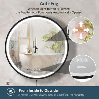 Plantex Aluminium Framed Round LED Bathroom Shelf for Wall with Mirror/Heavy-Duty Steel Body Bathroom Cabinet with Defogger and Bluetooth- 24x24 Inch, Black