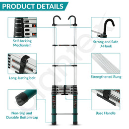 Plantex 3.8m (12.5 ft.) Aluminium Telescopic Ladder/10-Steps Portable Ladder with Removable Hooks/Foldable Multipurpose Collapsible Ladder for Home & Outdoor Use/2 Years of Warranty By Plantex-(Green)
