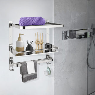 Plantex Folding Bathroom Shelf for Wall/304 Grade Stainless Steel Shelf for Bathroom with Hooks and Towel Rod/Rack/Premium Multipurpose Organizer (3-Tier, Chrome)