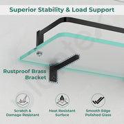 Plantex Shelf for Bathroom/Frosted Glass Shelf with Brass Railing and Brackets/Wall Mount Shelf for Living Room/Kitchen - Pack of 2 (18 x 6 inch, Black)