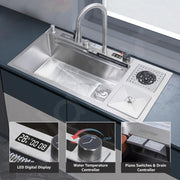 Plantex 304 Grade Stainless Steel Smart Waterfall Sink/Kitchen Sink with Integrated Waterfall, Cupwasher, Dustbin and Digital Display - All in One Sink for Kitchen (38x18x9 Inch - Silver Matt)