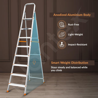 Plantex Legend Aluminium Folding 8 Step Ladder for Home - 8 Step Anti Skid Ladder/Wide Step Ladder (Orange-Silver)