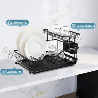 Plantex 2 Tier Dish Rack with Drainer Tray/Black Dish Drying Rack/GI Steel Utensil Stand with Drainer Tray, Plate & Bowl Holder, Glass Organizer for Kitchen