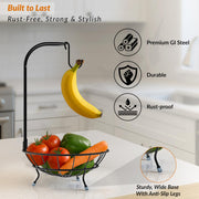 Plantex GI Steel Fruit Bowl with Banana Hanger/Banana Stand For Kitchen/ 2-in-1 Fruit Basket with Banana Hook (Colour- Black)
