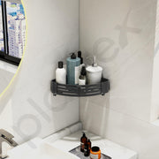 Plantex No Drill Corner Shelf for Bathroom Wall/Aluminium Self Adhesive Shelf/Bathroom Side Corner Shelf with Removable Hooks (9x9 inches, Matt Grey) - Pack of 2